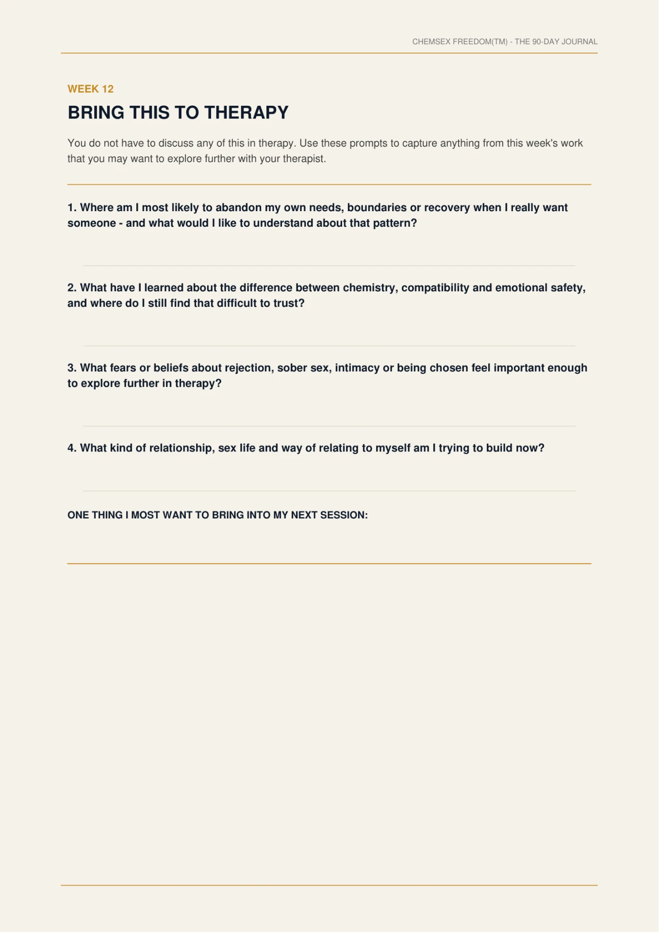 Chemsex Freedom™ journal — Week 12, Bring This to Therapy