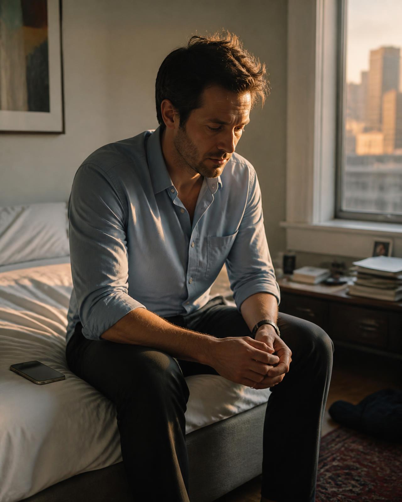 A man sitting alone on the edge of his bed at the end of the working day, thoughtful in warm evening light